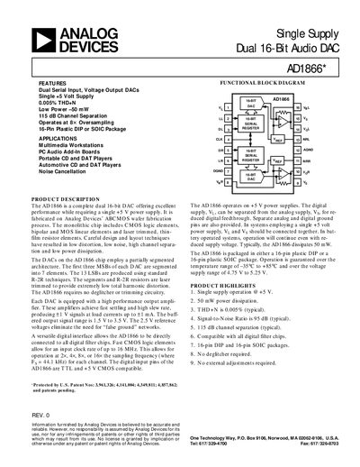 Analog Devices AD1866 Dual 16‑Bit Audio DAC Datasheet