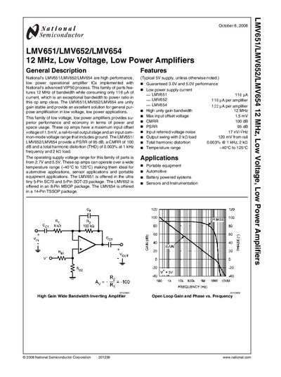 National Semiconductor LMV651/LMV652/LMV654 12 MHz Low‑Voltage Low‑Power Amplifier Datasheet - cover page