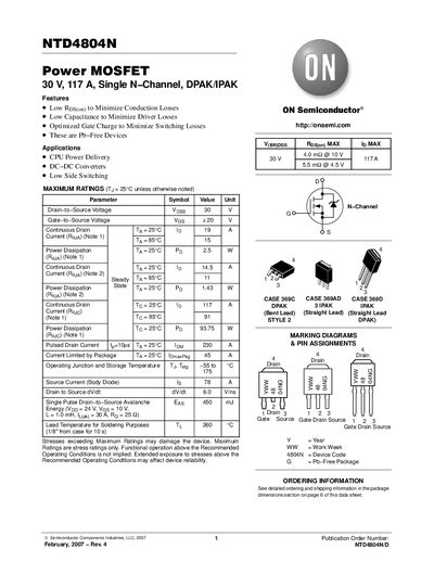 ON Semiconductor NTD4804N Power MOSFET Datasheet - cover page