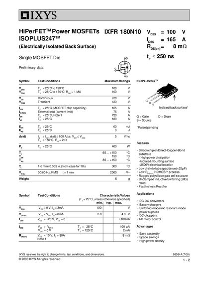IXYS IXFR 180N10 Power MOSFET Datasheet - cover page