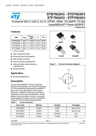 STMicroelectronics STB7N52K3 / STD7N52K3 / STF7N52K3 / STP7N52K3 Datasheet - cover page