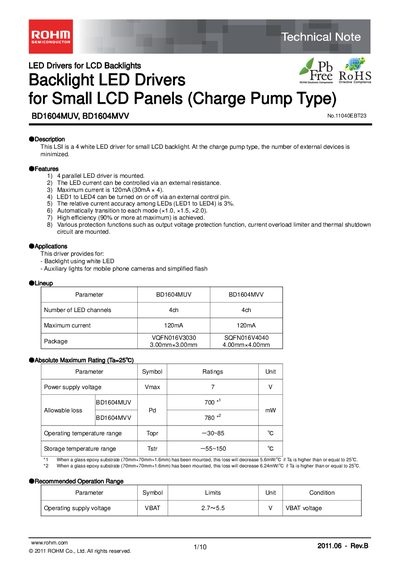 ROHM BD1604MUV LED Driver Technical Note - cover page