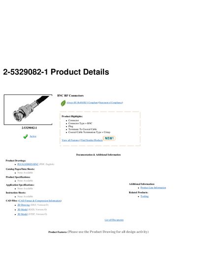 AMP 2-5329082-1 BNC RF Connector Product Details - cover page