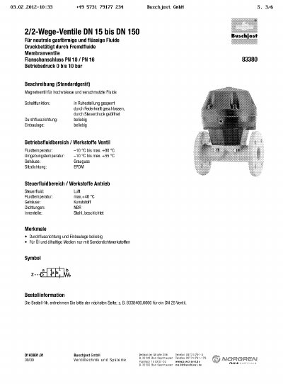 Buschjost 83380 Series 2/2-Way Valve Data Sheet - cover page