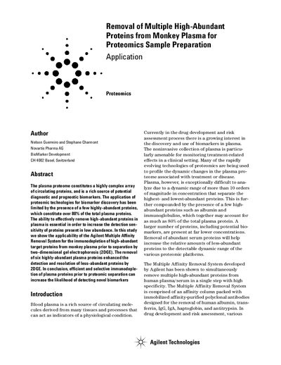 Agilent Multiple Affinity Removal System Application Note: Removal of High-Abundant Proteins from Monkey Plasma - cover page