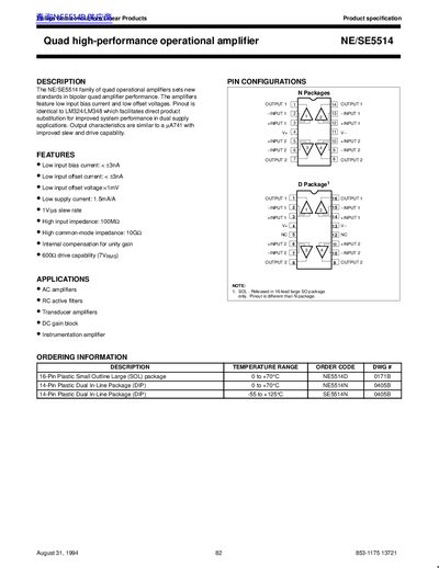 Philips NE/SE5514 Quad Operational Amplifier Datasheet