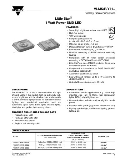 Vishay VLMK/R/Y71 Little Star 1W Power SMD LED Datasheet - cover page