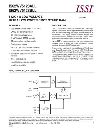 ISSI IS62WV5128ALL/IS62WV5128BLL Ultra Low Power CMOS Static RAM Datasheet - cover page