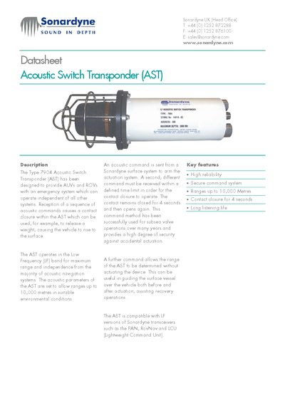 Sonardyne AST 7904 Acoustic Switch Transponder Datasheet