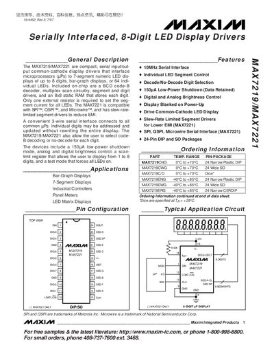 Maxim MAX7219/MAX7221 Serially Interfaced 8‑Digit LED Display Driver Datasheet - cover page