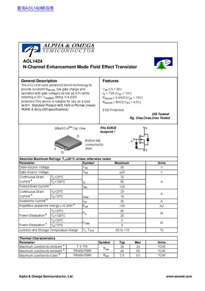 Alpha & Omega AOL1424 N-Channel Enhancement Mode FET Datasheet - cover page