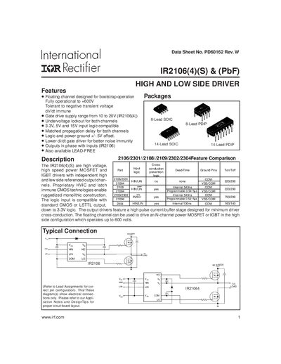 International Rectifier IR2106(4)(S) (PbF) High and Low Side Driver Datasheet - cover page