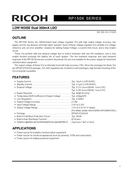 Ricoh RP150K Series Low Noise Dual LDO Datasheet - cover page