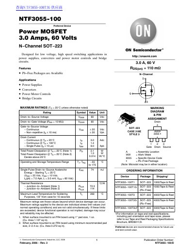 ON Semiconductor NTF3055-100 Power MOSFET Datasheet - cover page