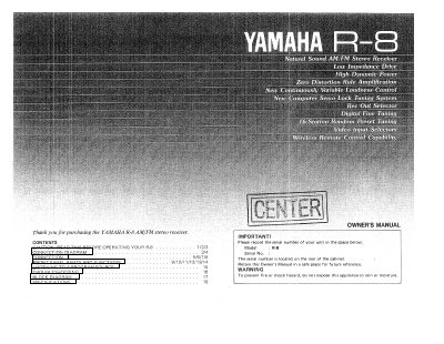Yamaha R-8 Stereo Receiver Owner's Manual - cover page