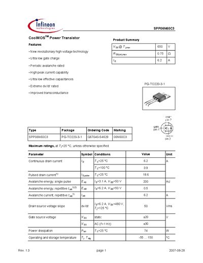 INFINEON SPP06N60C3 Manual - cover page