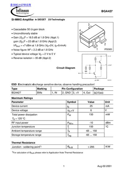 lnfineon BGA427 Si-MMIC-Amplifier in SIEGET 25-Technologie handbook - cover page