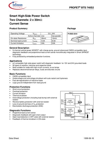 Infineon BTS 740S2 Smart High‑Side Power Switch Datasheet - cover page