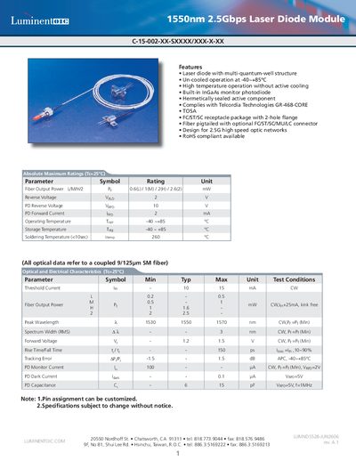 Luminent C-15-002-XX-SXXXX/XXX-X-XX Laser Diode Module Datasheet - cover page