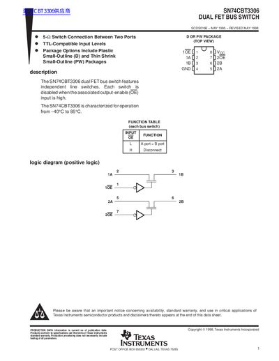 Texas Instruments SN74CBT3306 Dual FET Bus Switch Datasheet - cover page