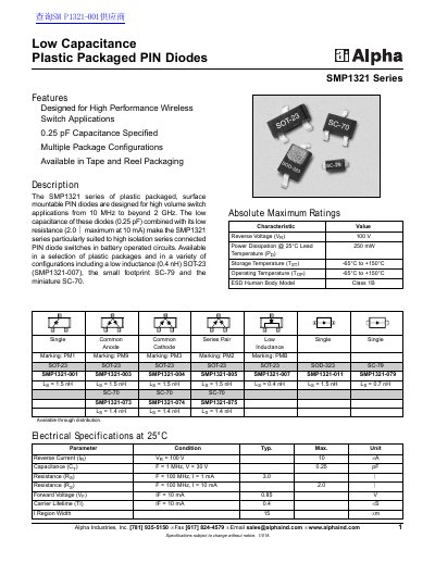 Alpha SMP1321 Series Low Capacitance PIN Diodes Datasheet - cover page