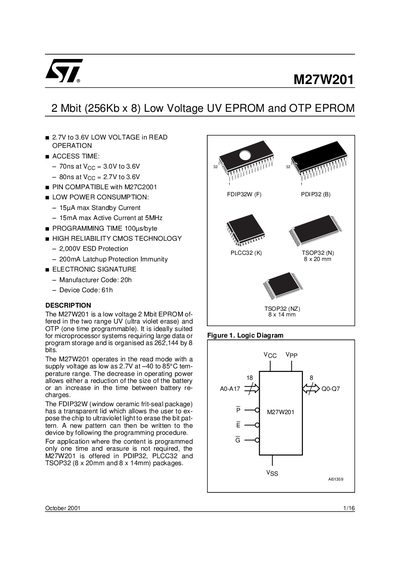 STMicroelectronics M27W201 2 Mbit EPROM Datasheet - cover page