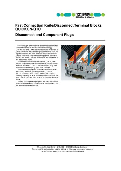 Phoenix Contact QUICKON-QTC Fast Connection Knife/Disconnect Terminal Blocks Handbook - cover page