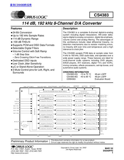 Cirrus Logic CS4383 8-Channel D/A Converter Datasheet - cover page