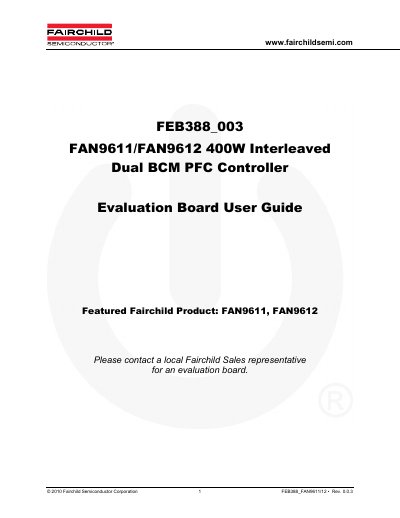 FAIRCHILD FAN9611/12 400W Interleaved Dual BCM PFC Evaluation Board User Guide (FEB388)