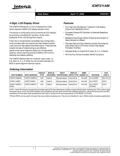 Intersil ICM7211AM 4-Digit LCD Display Driver Datasheet - cover page