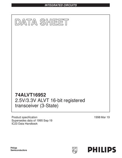PHILIPS 74ALVT16952 2.5V/3.3V ALVT 16-bit registered transceiver (3-State) handbook - cover page