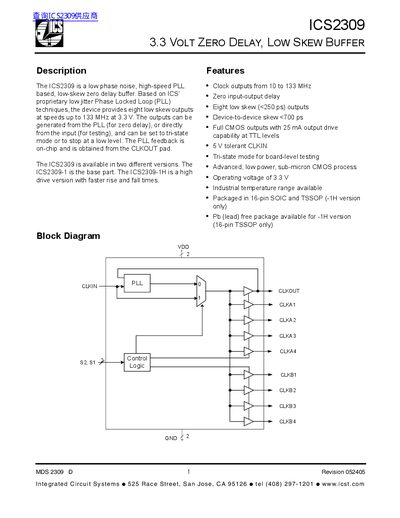 Integrated Circuit Systems ICS2309 3.3V Zero Delay Low Skew Buffer Datasheet - cover page