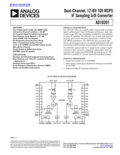ANALOG DEVICES Dual-Channel 12-Bit 105 MSPS IF Sampling A/D Converter AD10201 handbook - cover page