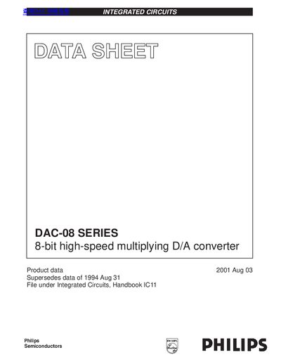 Philips DAC-08 Series 8-bit High-Speed Multiplying D/A Converter Datasheet - cover page