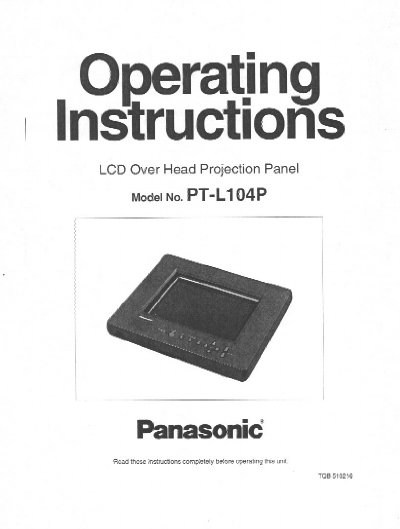 Panasonic PT-L104P LCD Overhead Projection Panel Operating Instructions - cover page