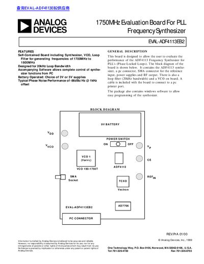ANALOG DEVICES 1750MHz Evaluation Board For PLL Frequency Synthesizer EVAL-ADF4113EB2 Manual - cover page