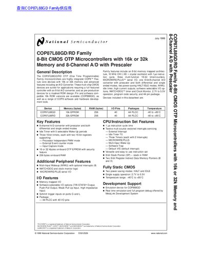 National semiconductor COP87L88GD/RD Family 8-Bit CMOS OTP Microcontrollers with 16k or 32k Memory 8-Channel A/D with Prescaler handbook - cover page