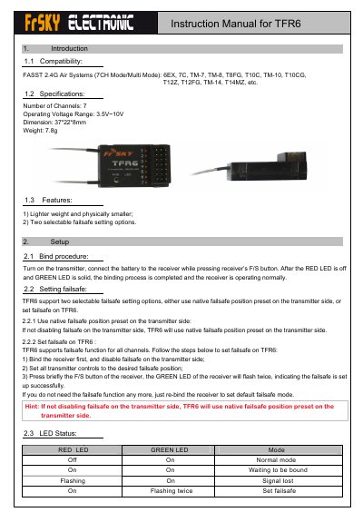 FrSky TFR6 7-Channel Receiver Instruction Manual