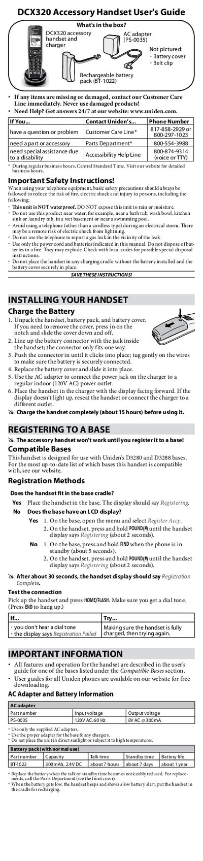 Uniden DCX320 Accessory Handset User's Guide - cover page