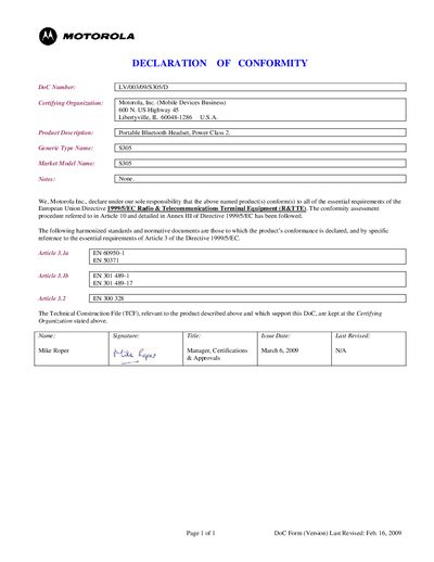 MOTOROLA LV/003/09/S305/D Data Sheet - cover page