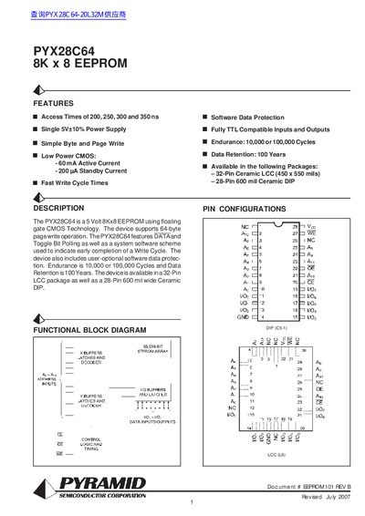 Pyramid Semiconductor PYX28C64 8K x 8 EEPROM Datasheet - cover page