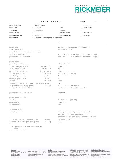 Rickmeier R45/125 FL-Z-W-SAE2.1/2-R-SO Gear Pump Data Sheet - cover page