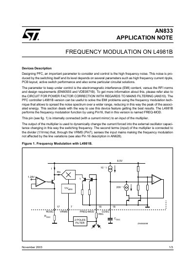 STMicroelectronics AN833 L4981B Frequency Modulation Application Note - cover page