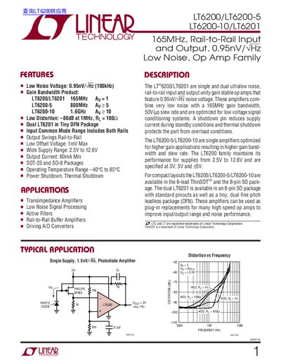 Linear Technology LT6200/LT6200-5/LT6200-10/LT6201 Datasheet - cover page