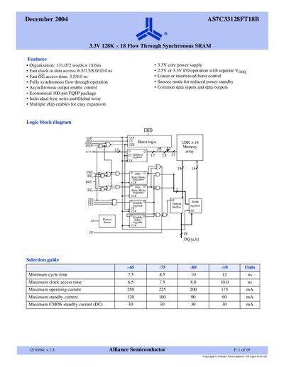 Alliance Semiconductor AS7C33128FT18B 3.3V 128K × 18 Flow Through Synchronous SRAM Datasheet - cover page