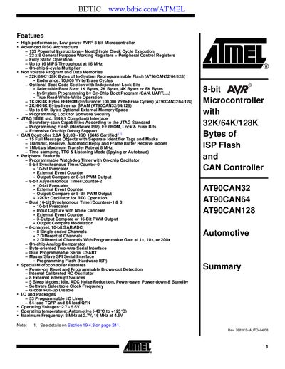 Atmel AT90CAN32/AT90CAN64/AT90CAN128 Automotive Summary Manual - cover page