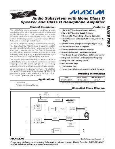 Maxim MAX97000 Audio Subsystem with Mono Class D Speaker and Class H Headphone Amplifier Datasheet