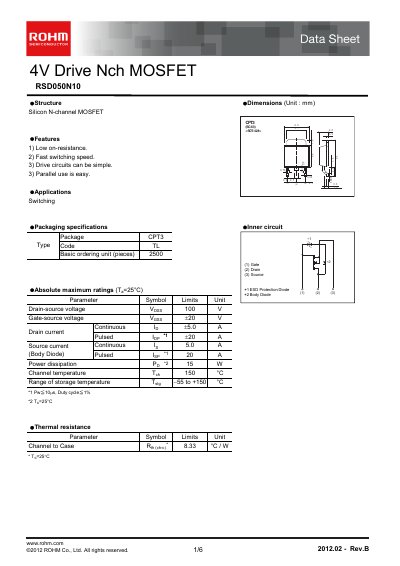 ROHM RSD050N10 Datasheet - cover page