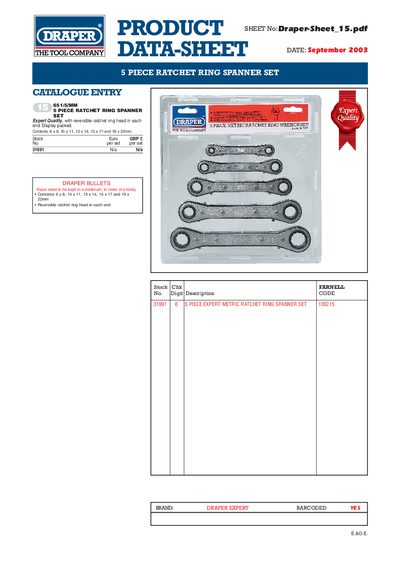 Draper 651/5/MM 5-Piece Ratchet Ring Spanner Set Product Sheet - cover page