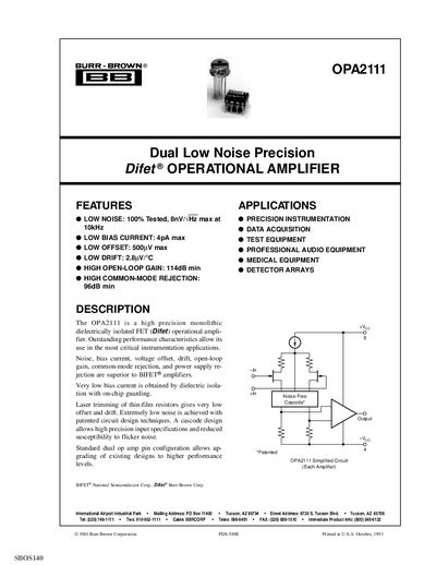 Texas Instruments OPA2111 Operational Amplifier Datasheet - cover page